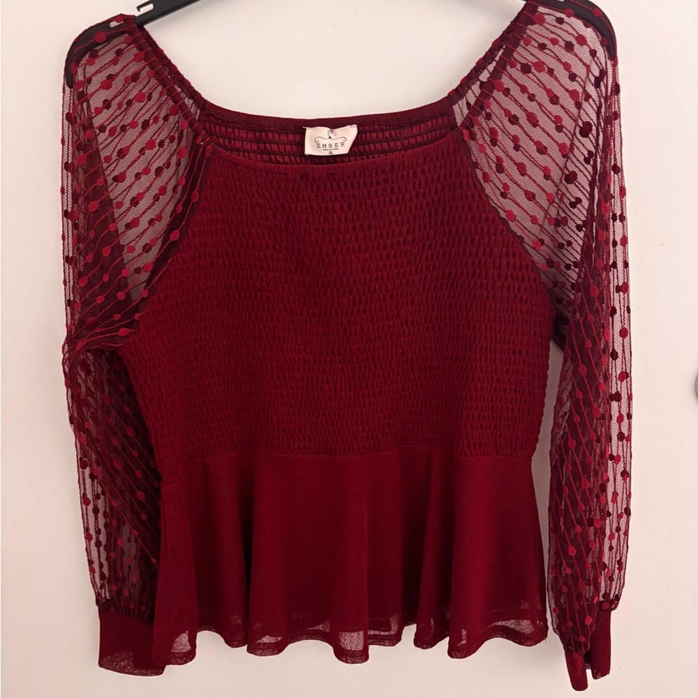 Burgundy Smocked Peplum Top with Sheer Polka Dot Sleeves